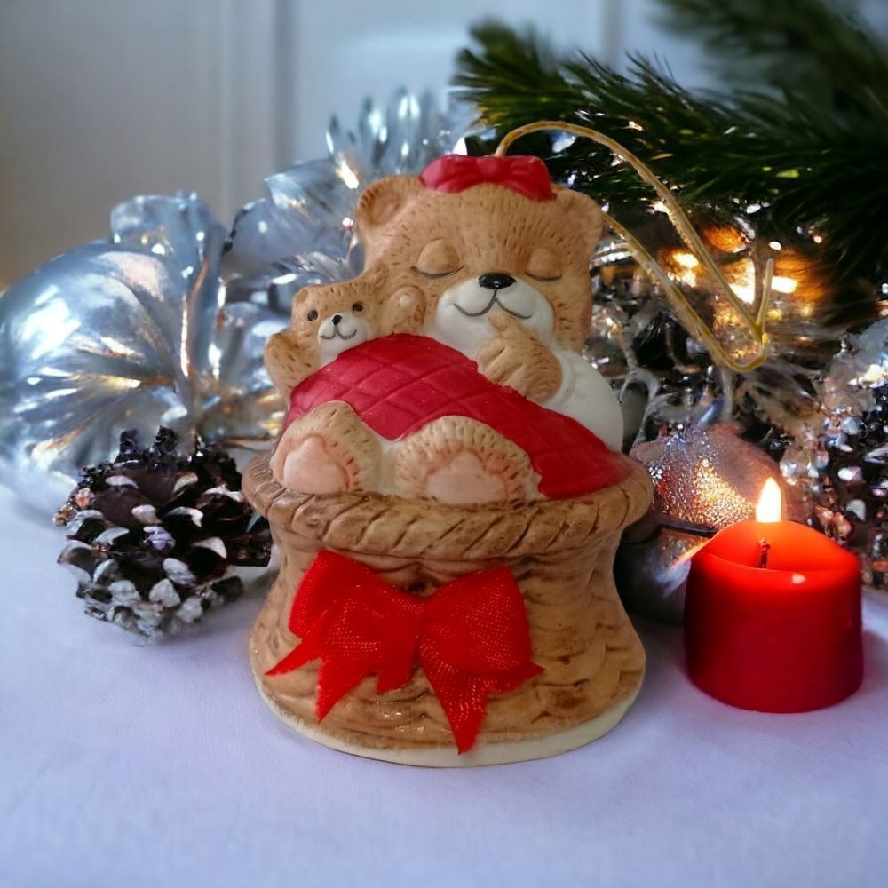 Jasco Sleeping Bear Bell Ornament Vtg Porcelain Merri Bells Miniature Christmas.